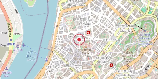 Street map of the area around Ruins of Saint Paul's; the red dot marks 22°11′53″N 113°32′28″E