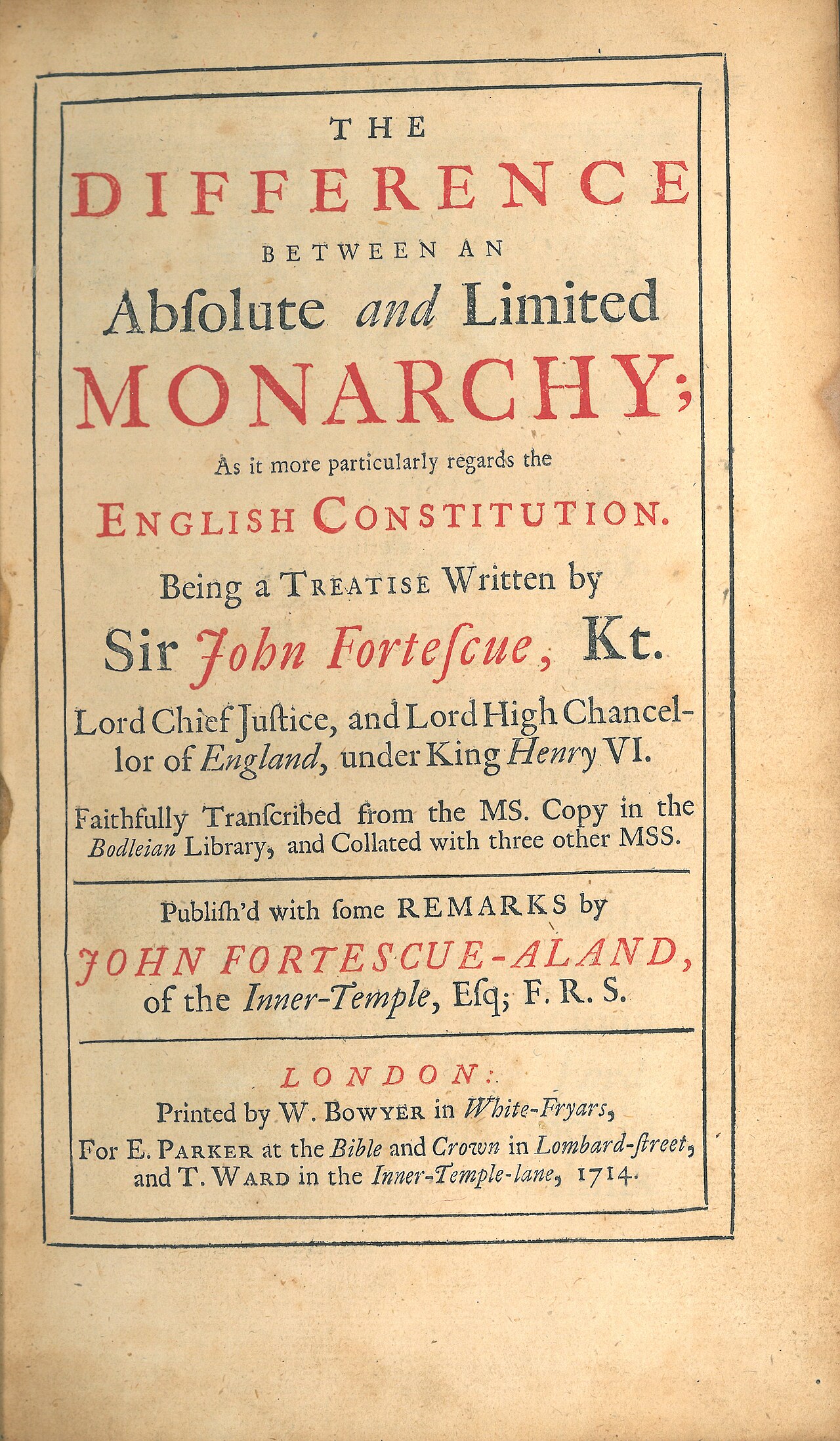 John Fortescue, The Difference between an Absolute and Limited Monarchy (1st ed, 1714, title page)