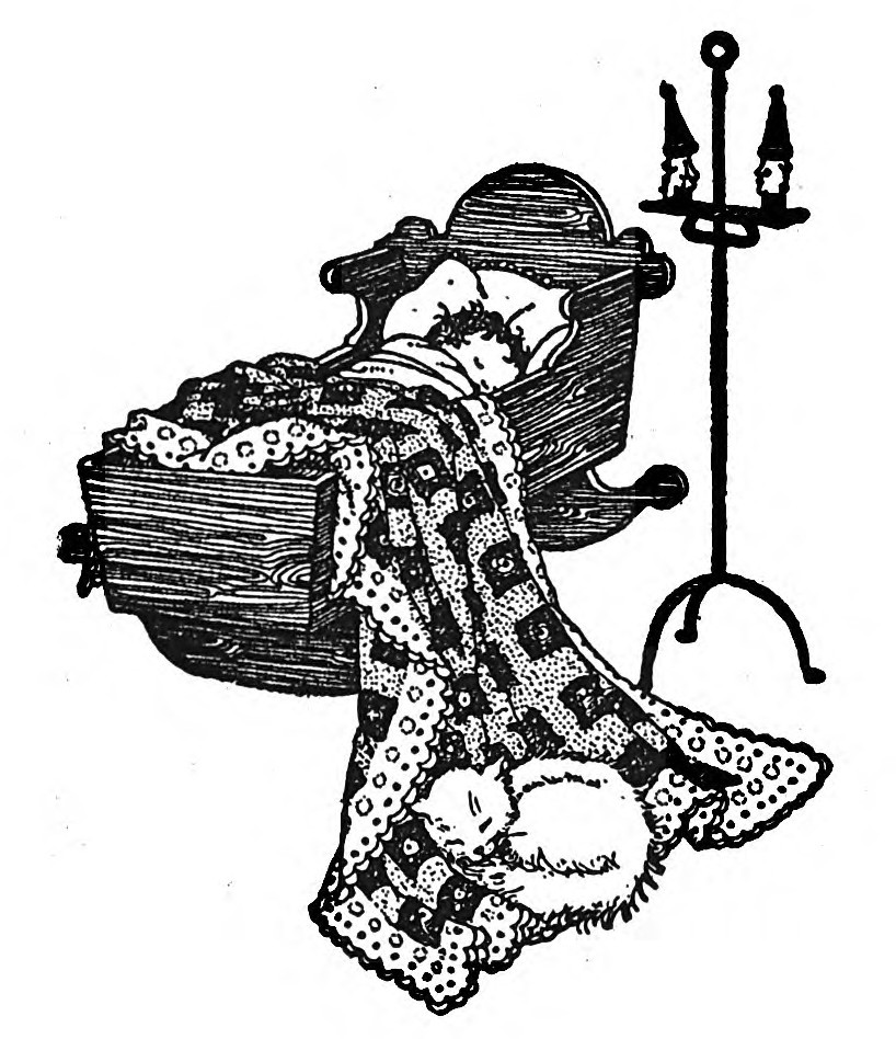 Baby in cradle, cat sleeping on blanket - Sing-Song (1924) - Marguerite Davis