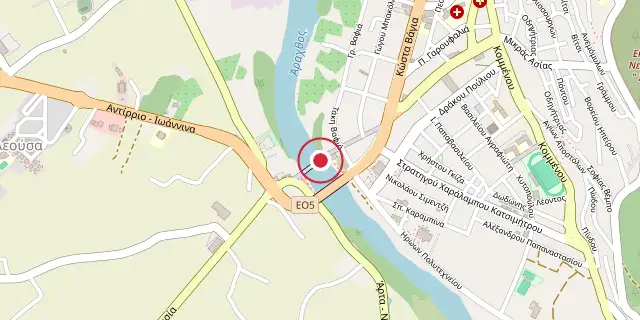 Street map of the area around Bridge of Arta; the red dot marks 39°09′07″N 20°58′30″E