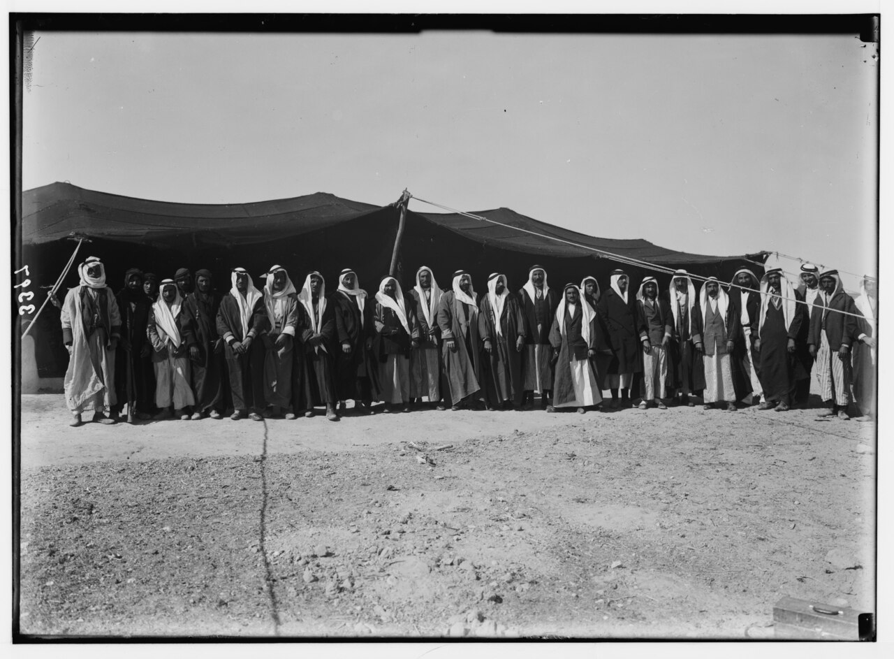El-Azrak & Wadi Sirhan in the Arabian desert. Druse (i.e., Druze) political refugees from Jebel Druse (The Hauran). Druse refugees, Wady Sirhan. Chiefs who revolted against French rule in LOC matpc.02770