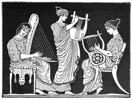 A muse with a harp, and two others with Lyres from a Greek vase in the Munich Museum