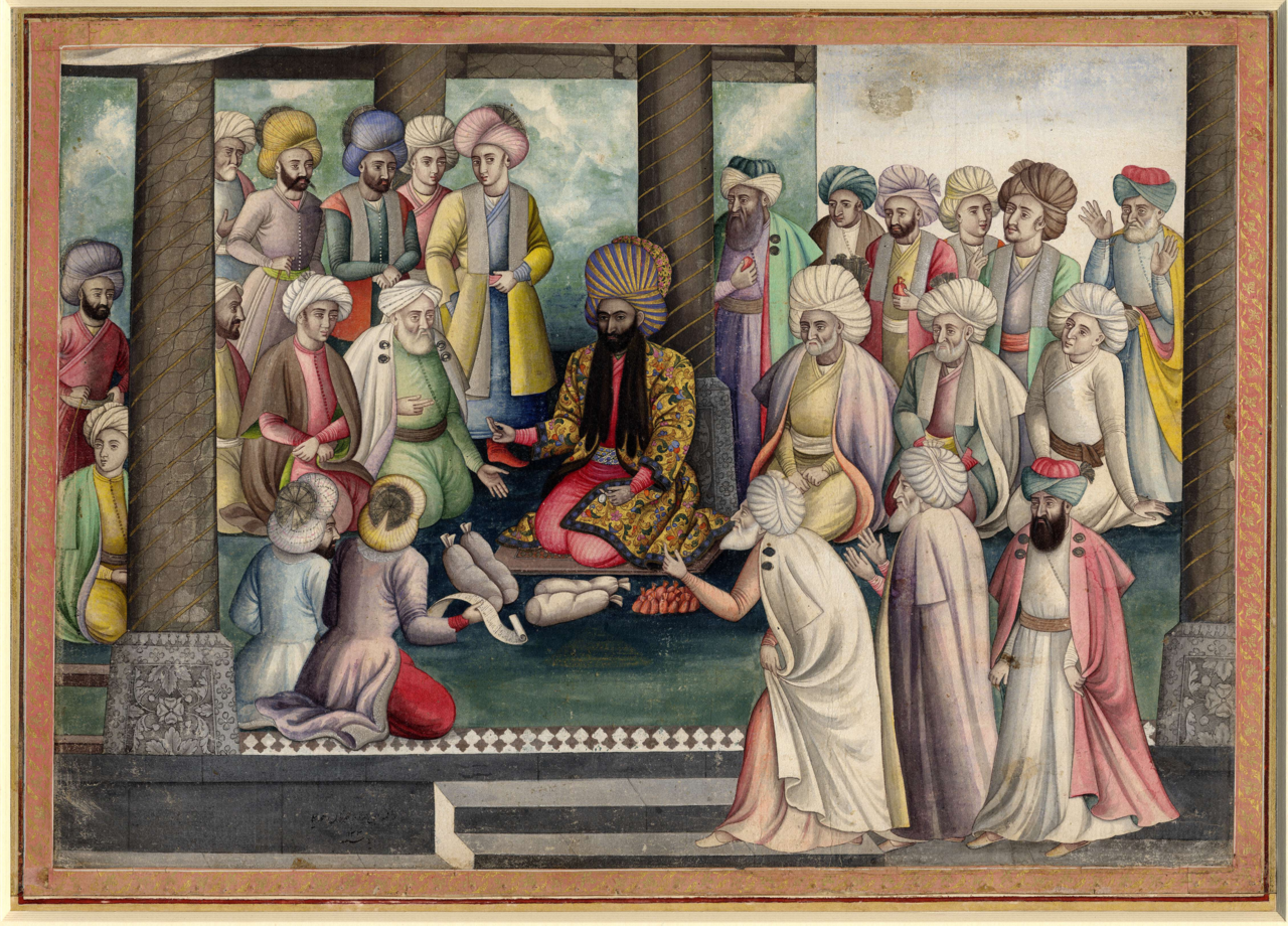 Distribution of Presents for the New Year by Shah Sultan Husayn, painted by Muhammad Ali ibn Muhammad Zaman, Safavid, Isfahan, Iran, dated 1720-1721