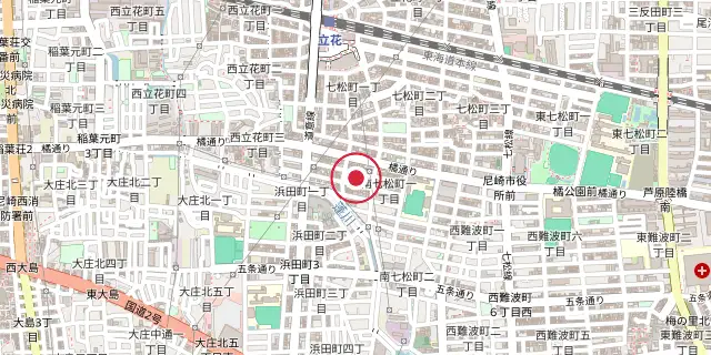 Street map of the area around Amagasaki; the red dot marks 34°43′59″N 135°24′00″E