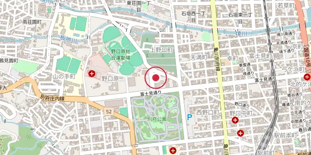Street map of the area around Beppu; the red dot marks 33°17′06″N 131°29′28″E