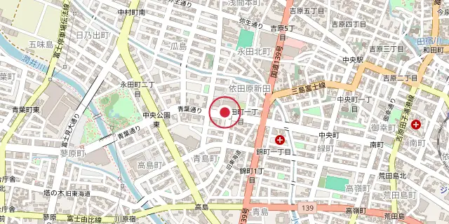 Street map of the area around Fuji, Shizuoka; the red dot marks 35°09′40″N 138°40′34″E
