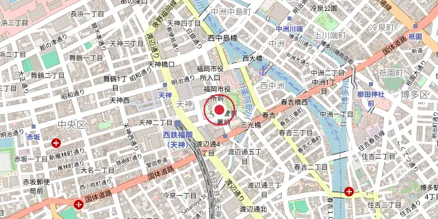 Street map of the area around Fukuoka; the red dot marks 33°35′24″N 130°24′07″E