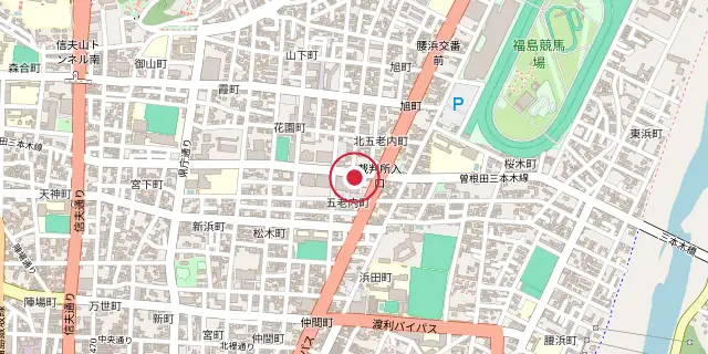 Street map of the area around Fukushima (city); the red dot marks 37°45′40″N 140°28′30″E