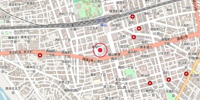 Street map of the area around Fukuyama, Hiroshima; the red dot marks 34°29′10″N 133°21′43″E