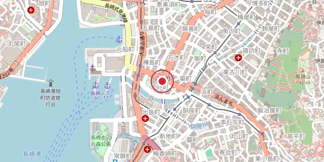 Street map of the area around Nagasaki; the red dot marks 32°44′42″N 129°52′26″E