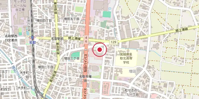 Street map of the area around Natori, Miyagi; the red dot marks 38°10′19″N 140°53′31″E