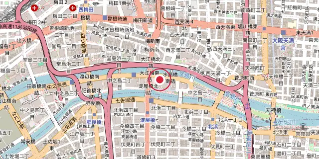 Street map of the area around Osaka; the red dot marks 34°41′38″N 135°30′07″E