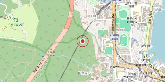 Street map of the area around Ōtsu; the red dot marks 35°01′01″N 135°51′00″E