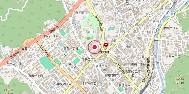 Street map of the area around Yamaguchi (city); the red dot marks 34°10′41″N 131°28′26″E