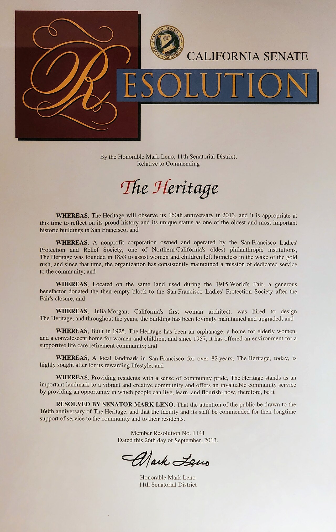 2013 09 16 california senate resolution 1141 to heritage