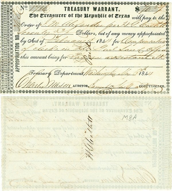 70 Dollars (Treasury Warrant) - Treasurer of the Republic of Texas (1844) Banknoteworld.org - Obverse & Reverse