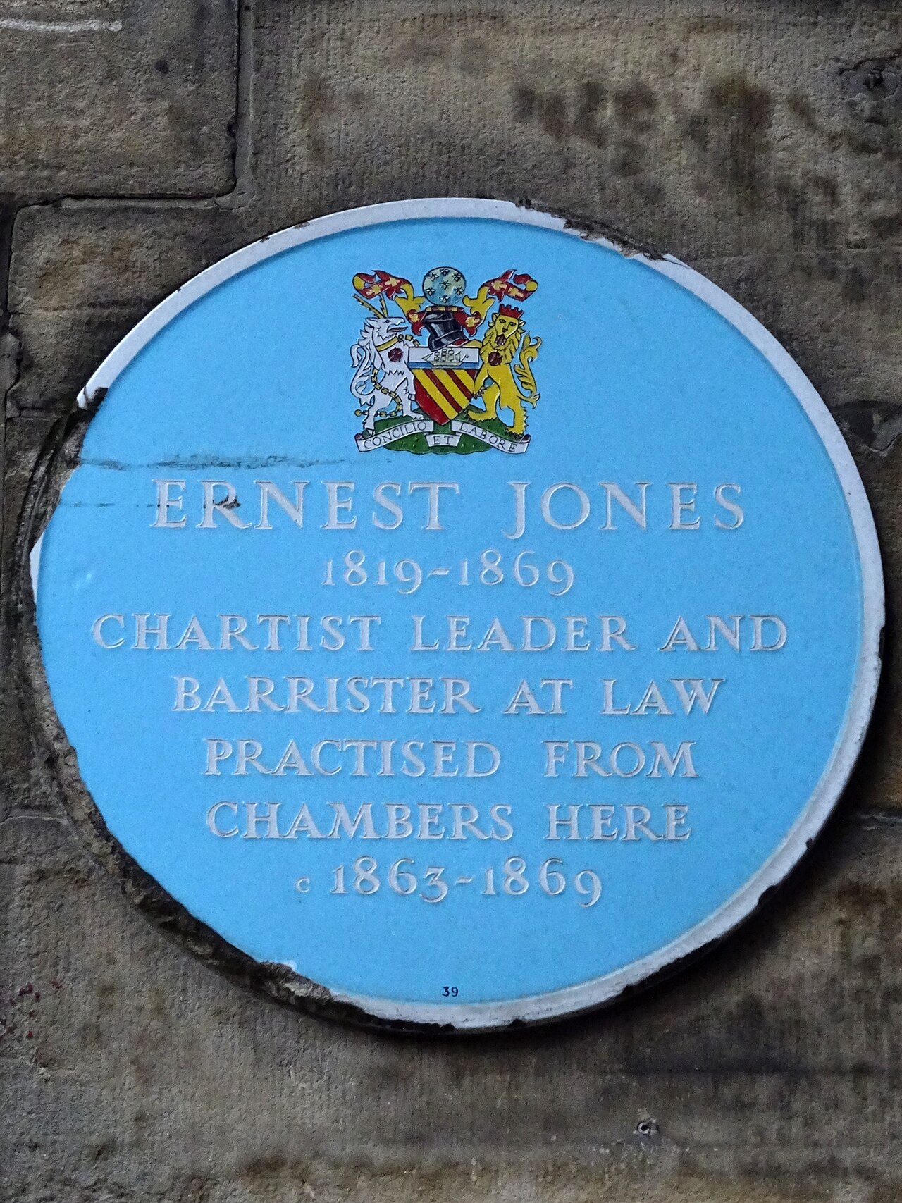 Ernest Jones (1819 - 1869) Chartist leader and barrister at law practised from chambers here c1863 - 1869