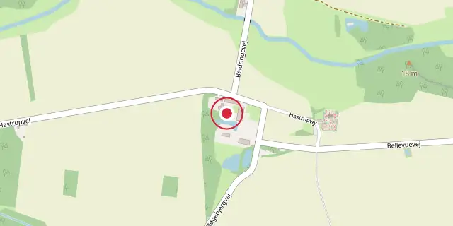 Street map of the area around Beldringe; the red dot marks 55°06′25″N 11°59′28″E