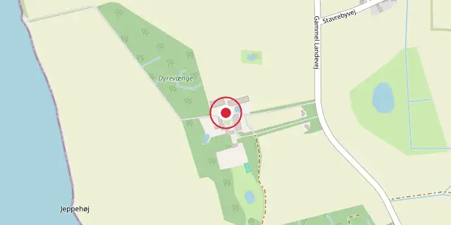 Street map of the area around Gjedsergaard; the red dot marks 54°38′56″N 11°52′55″E