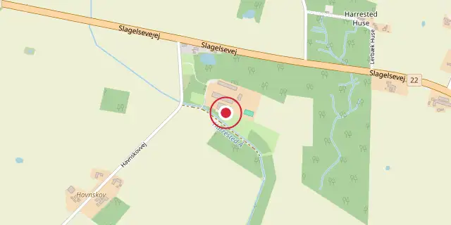 Street map of the area around Harrestedgård; the red dot marks 55°16′37″N 11°36′22″E