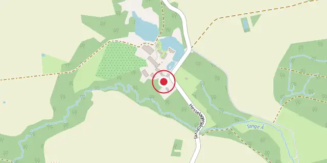 Street map of the area around Hesselagergård; the red dot marks 55°09′25″N 10°45′47″E