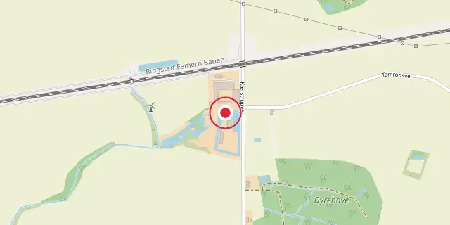 Street map of the area around Kjærstrup; the red dot marks 54°41′31″N 11°31′34″E