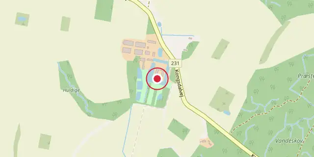 Street map of the area around Kongsdal; the red dot marks 55°37′01″N 11°33′04″E