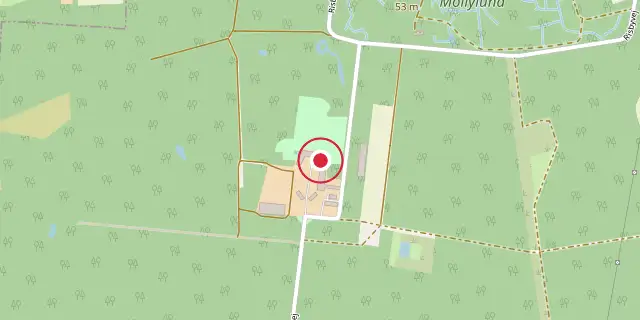 Street map of the area around Lundbygård; the red dot marks 55°07′34″N 11°53′46″E