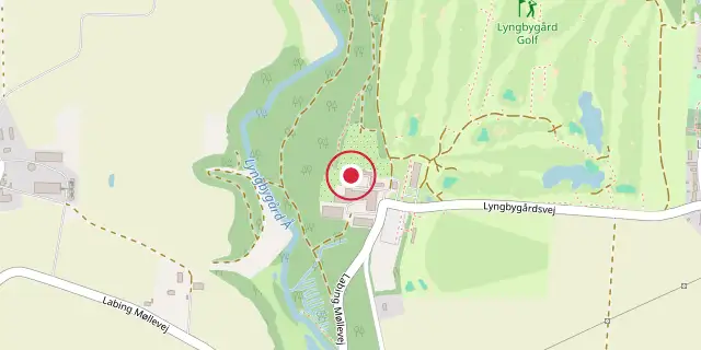 Street map of the area around Lyngbygård; the red dot marks 56°10′12″N 10°01′41″E