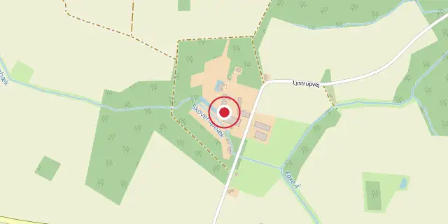Street map of the area around Lystrup, Faxe Municipality; the red dot marks 55°15′40″N 12°03′50″E