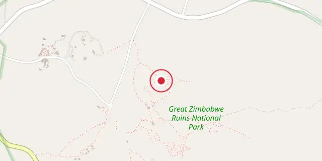 Street map of the area around Great Zimbabwe; the red dot marks 20°16′01″S 30°55′59″E