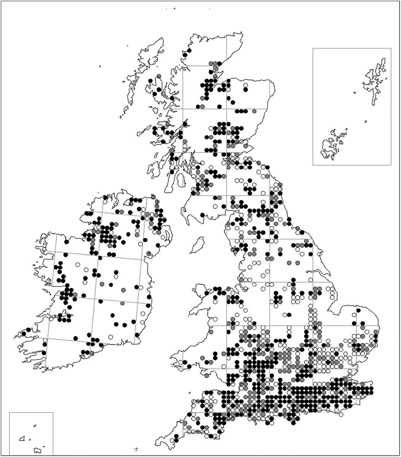 Hectad distribution map for Neotttia nidus-avis in the British Isles - Jersáková, Minasiewicz & Selosse (2022)