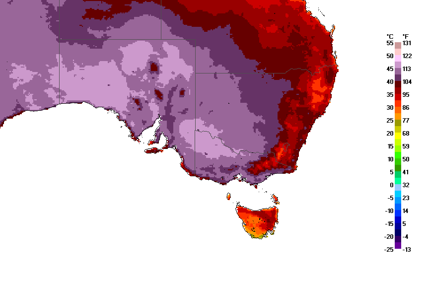 Southeastern Australian heat wave ERA5-Land reanalysis maximum temperature map