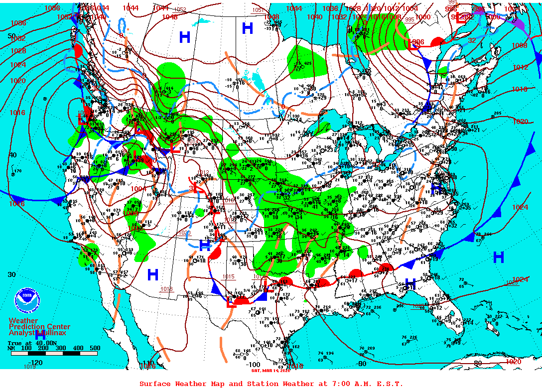 2020-03-14 Surface Weather Map NOAA