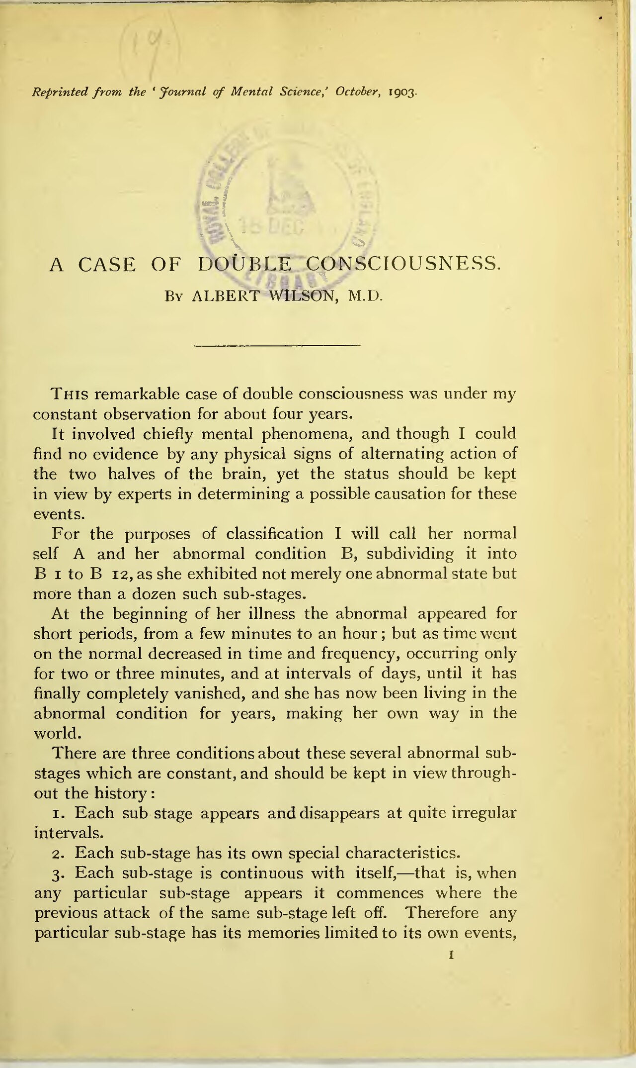 A case of double consciousness Albert Wilson 1904 MPD in a child