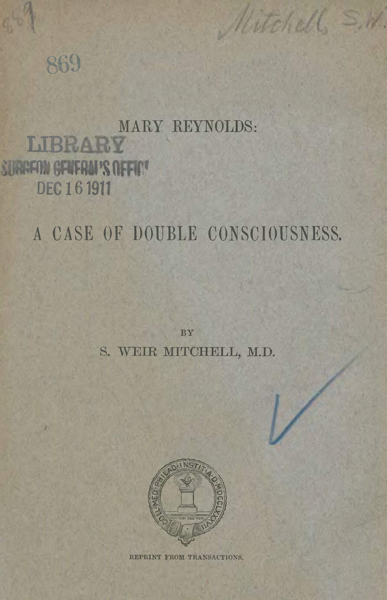Mary Reynolds A case of double consciousness 1889