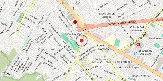 Street map of the area around Ecatepec de Morelos; the red dot marks 19°36′36″N 99°03′36″W