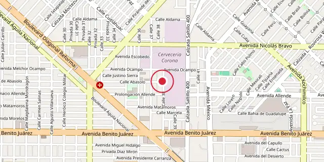 Street map of the area around Torreón; the red dot marks 25°32′31″N 103°24′29″W