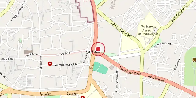 Street map of the area around Bahawalpur; the red dot marks 29°23′46″N 71°41′02″E