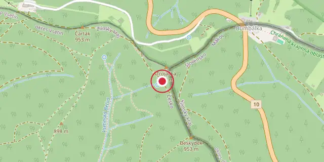 Street map of the area around Bečva; the red dot marks 49°23′46″N 18°24′11″E