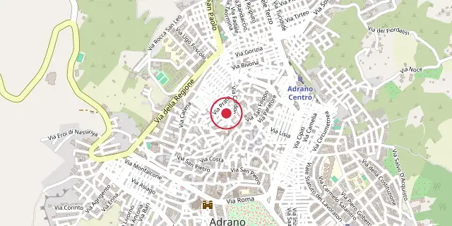 Street map of the area around Adranon; the red dot marks 37°40′01″N 14°49′59″E
