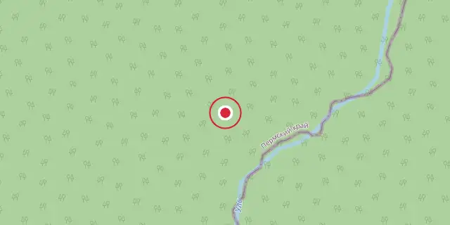 Street map of the area around Ural Mountains; the red dot marks 60°00′00″N 59°00′00″E