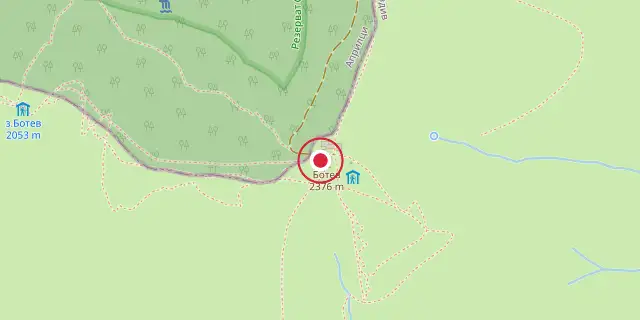 Street map of the area around Balkan Mountains; the red dot marks 42°43′01″N 24°55′01″E