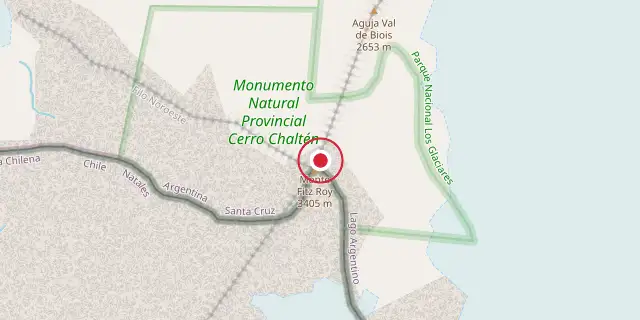 Street map of the area around Fitz Roy; the red dot marks 49°16′16″S 73°02′35″W
