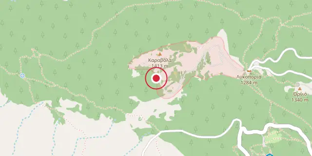Street map of the area around Parnitha; the red dot marks 38°10′23″N 23°43′01″E