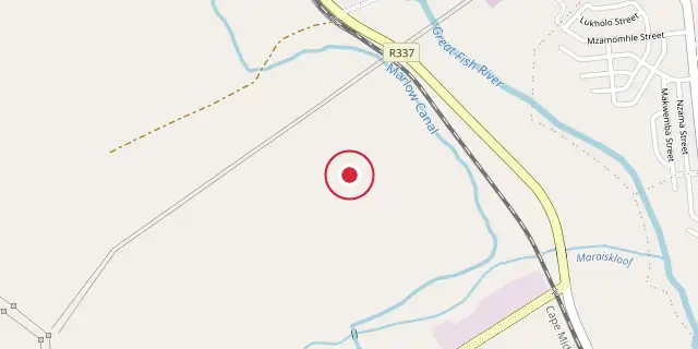 Street map of the area around Mountain Zebra National Park; the red dot marks 32°10′59″S 25°37′01″E