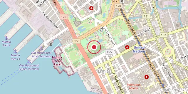 Street map of the area around Rizal Park; the red dot marks 14°34′55″N 120°58′41″E