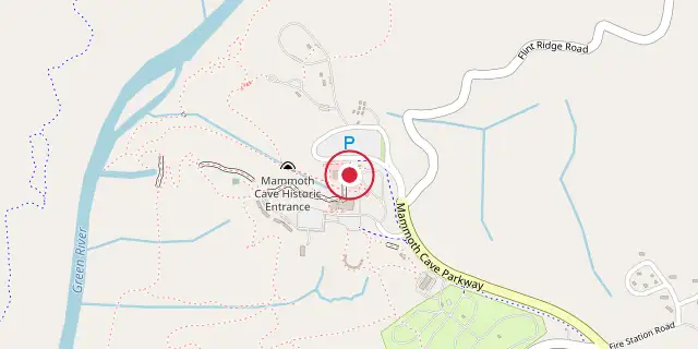 Street map of the area around Mammoth Cave National Park; the red dot marks 37°11′13″N 86°06′04″W