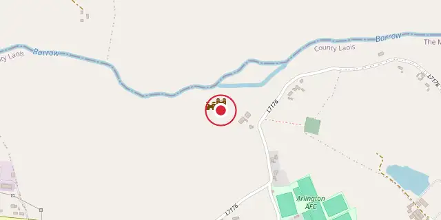 Street map of the area around Lea Castle; the red dot marks 53°09′22″N 7°08′49″W