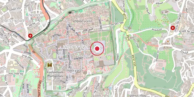 Street map of the area around Dome of the Rock; the red dot marks 31°46′41″N 35°14′06″E
